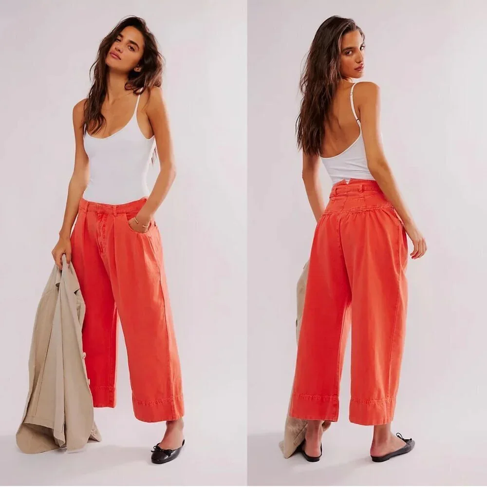 New Free People Sweet Talk Chino Red Mango Pants Size 10
